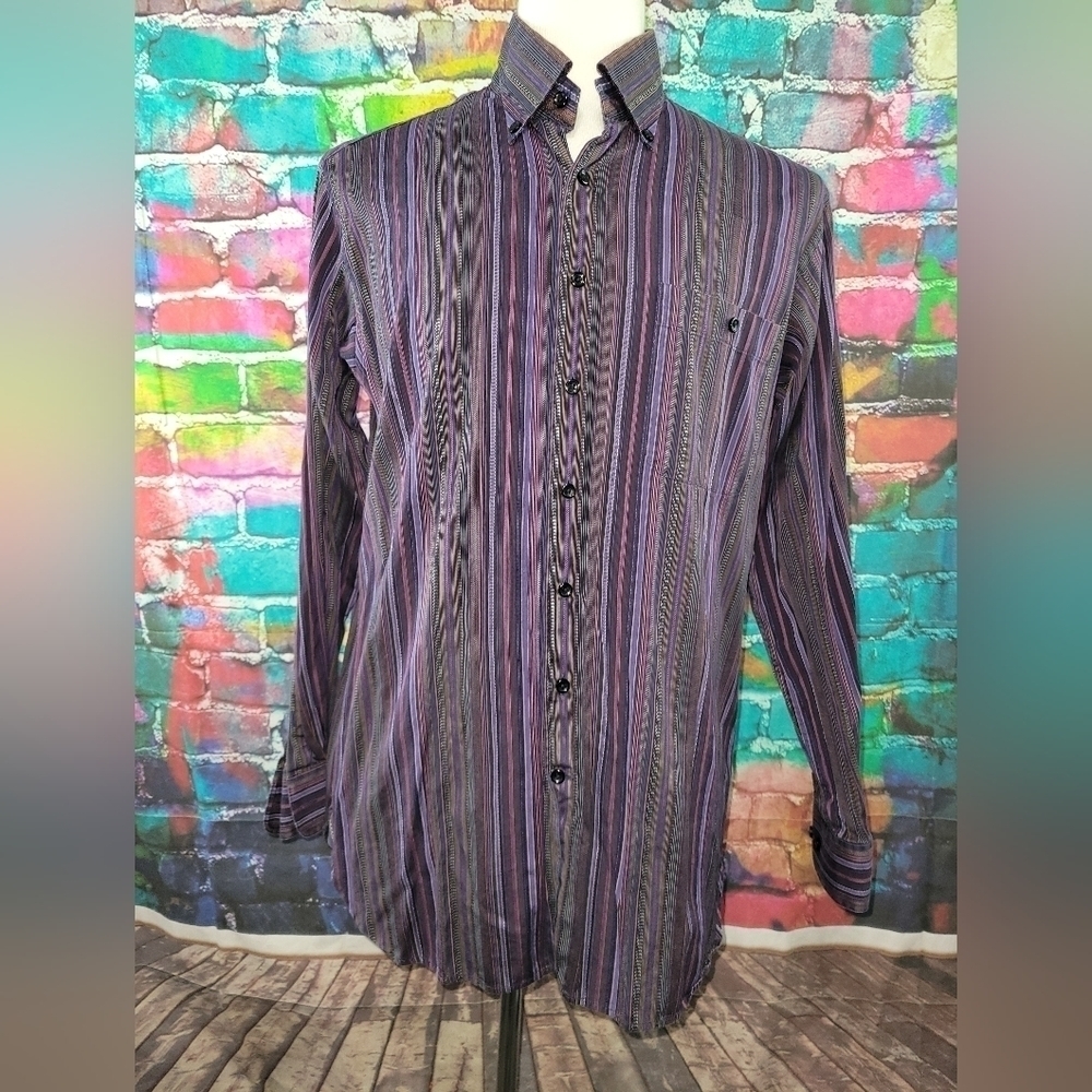 𝅺BARRY Bricken Long Sleeve Button Down Multi-Color Striped Shirt L